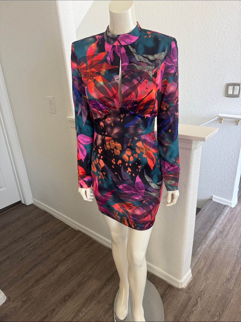Marciano Vibrant Floral Cutout Long-Sleeve Mini Dress - Pink & Teal